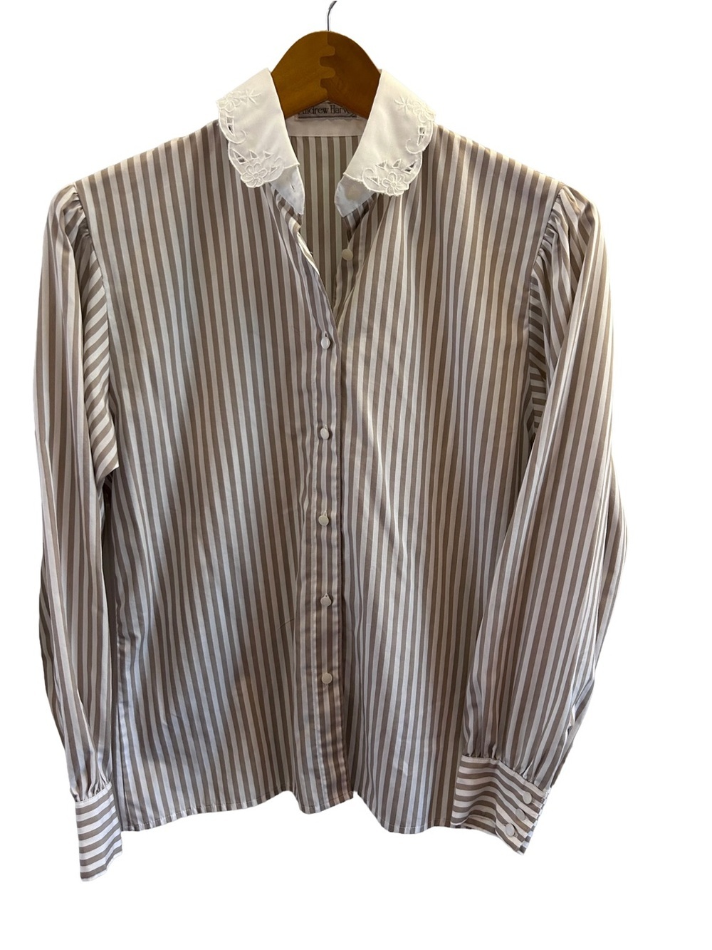 Andrew Harvey Classic Taupe and White Striped Blouse with Eyelet Collar Size 4